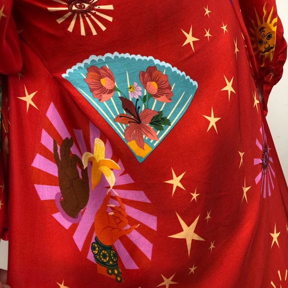 Farm Rio Lotus Star Red / Multi Midi Dress w/ beaded fringe belt- Small - Picture 8 of 15